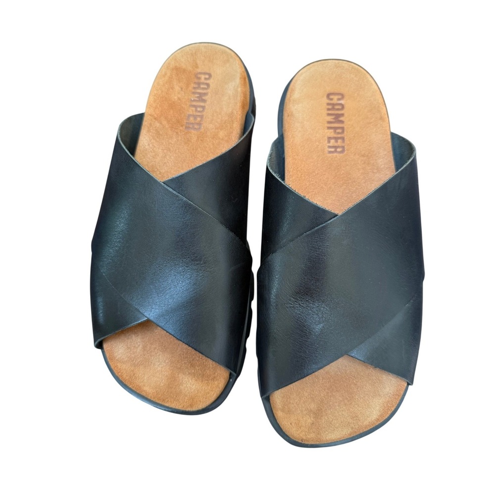 Camper Brutus Black Leather Crisscross Slide Sandals Mens 9 Womens 11 EU 42